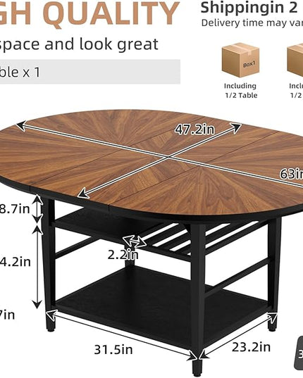 VFK 47.2"-63" Extendable Round Dining Table Set for 4–6, Solid Wood & Metal Table with Wine Rack Storage Shelf, Walnut Kitchen & Dining Room Furniture (1 Storage Table)
