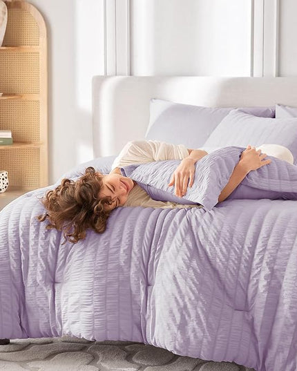 MUXHOMO 7 Pieces Full Comforter Set, Seersucker Bed in a Bag Full Size, All Season Luxury Bedding Set with Comforter, Flat Sheet, Fitted Sheet, Pillowcases & Shams, Lavender