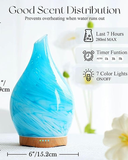 Porseme 280ml Essential Oil Diffuser Glass Color Changing Aroma Air Diffusers Aromatherapy Ultrasonic Cool Mist Humidifier 7 Running Hours Waterless Auto-off for Sleeping, Yoga, Office, Spa(Blue Wave)