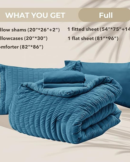 HYMOKEGE Teal Full Size Comforter Sets Seersucker 7 Pieces, All Season Luxury Bed in a Bag for Bedroom, Bedding Set with Comforters, Sheets, Pillowcases & Shams