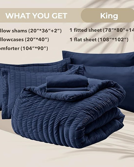 HYMOKEGE Navy Blue King Size Comforter Set Seersucker 7 Pieces, All Season Luxury Bed in a Bag for Bedroom, Bedding Set with Comforters, Sheets, Pillowcases & Shams