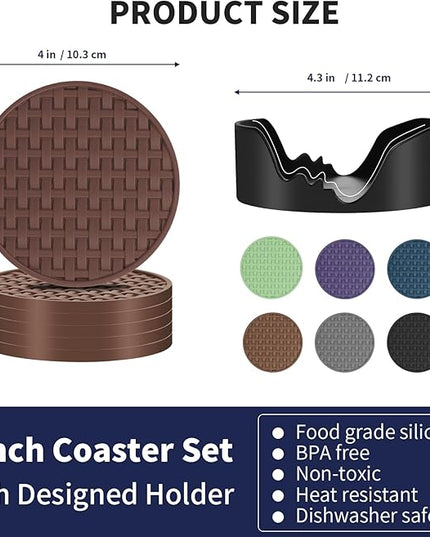 Brown Round Silicone Coasters with Holder, Heat Resistant & Waterproof Cup Mats, 4 Inches Non-Slip Decorative Coster Set 6 Packs for Home, Office, Kitchen, Coffee Bar Table
