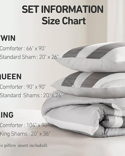 Twin Comforter Set, 2 Pieces Striped Bed Set, Soft Brushed Microfiber Reversible Bedding Set for All Season, Lightweight & Breathable Bedding Set with Comforter & Sham, Black/Grey