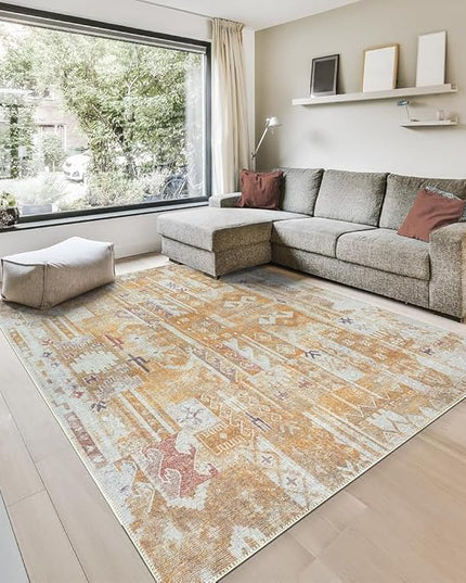 GLN Rugs Bohemian Collection - Machine Washable Area Rug, Bohemian Vintage, Non Slip, Low Pile Chenille Rug, Living Room, Bedroom, Bathroom Rug (7'10"x10' Yellow)