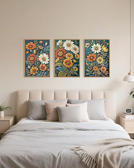 HOURIA Boho Vintage Floral Framed Canvas Wall Art Set,Nordic Retro Colorful Wildflower & Green Leaves Wall Decor,Abstract Vibrant Bouquet Botanical Artwork for Living Room, Bedroom,Farmhouse-16"x24"x3