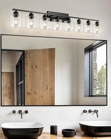 Modern 8 Light Bathroom Light Fixtures, 52 inch Vanity Lights for Bathroom with Clear Glass, Black Bathroom Light Fixture for Mirror Kitchen Living Room Hallway Cabinet Porch