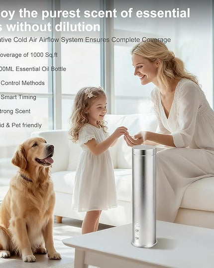 Waterless Essential Oil Diffuser Large Room Scent Diffuser for Home, Office, Hotel and Spas - Aromatherapy Diffuser Fragrance Oil Machine, Remote Control, Timer, Silver