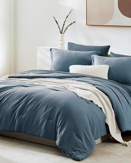 WRENSONGE King Size Comforter Set- 7 Pieces Soft Oxford Blue Bed in a Bag King with Fitted Sheet, Flat Sheet, 2 Pillow Shams, and 2 Pillowcases-Warm King Bedding Set for All Season