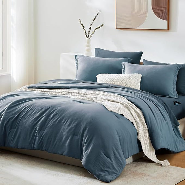 WRENSONGE Full Size Comforter Sets, 7 Pieces Oxford Blue Bed in a Bag with Fitted Sheet, Flat Sheet, 2 Pillow Shams, 2 Pillowcases, Warm Bedding Sets for All Season