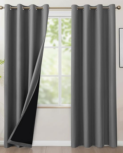 BONZER 100% Blackout Curtains 4 Panels - Thermal Insulated Light Blocking Window Drapes, Single Layer Total Room Darkening Curtain with Black Laminated Backing for Bedroom, 54 x 95 Inch, Grey