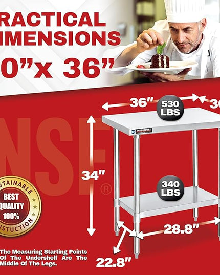 DuraSteel 30x36 Stainless Steel Work Table - NSF Commercial Prep Metal Table - Outdoor Pizza Oven Stand w/Under Shelf - Kitchen Island Laundry Utility Garage Microwave Stand Large Rolling Storage Cart