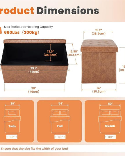 Sweetcrispy 30 Inches Folding Ottoman with Storage Bench, Foot Rest Stool, End of Bed Storage Bench Upholstered, Load 660 lbs, for Living Room, Synthetic Leather, Brown