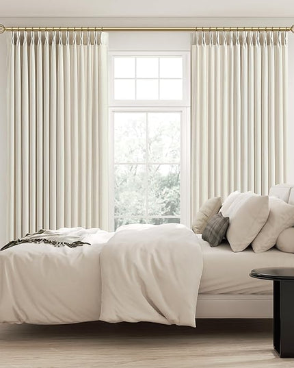 Pinch Pleated Curtains Light Filtering 90 Inch Long Drapes for Bedroom, Linen Pleat Curtain Beige Birch Textured 7-1/2 ft Length with Hooks Rings&Back Tab for Sliding Glass Doors 2 Panels Set