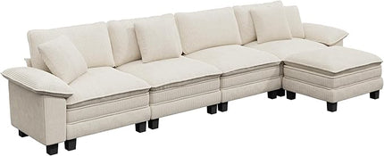 157-Inch L Shaped Sectional Sofa with Cloud Cushions, Deep Seat Modular Couch Set w/ 5 Seats & 1 Ottomans, Removable Arms, Plush Corduroy Upholstery for Living Room, Apartment - Beige
