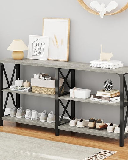 LVB Industrial Entryway Table, Farmhouse Rustic Console Table Behind Couch, Long Metal Wooden Sofa Table with Storage Shelf, Modern Foyer Hallway for Living Room Bedroom, Light Grey Oak, 63 in