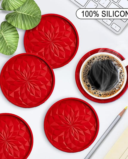 ME.FAN Silicone Coasters with Holder,[6 Pack] Drinking Coasters - Cup Mat for Hot or Cold Drinks, Thickened, Non-Slip, Non-stick,Deep Tray Red
