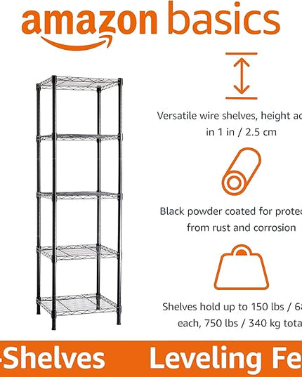 Amazon Basics 5-Shelf Tower Adjustable Storage Shelving Unit, Black, 16 D x 16 W x 54 H in