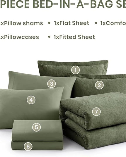 Monbix California King Comforter Set - 7 Pieces Cationic Dyeing Olive Green Bed in a Bag Cal King Bedding Sets with Comforter, Sheets, Pillowcases & Shams, Reversible Bedding Comforters Sets(108 * 92)