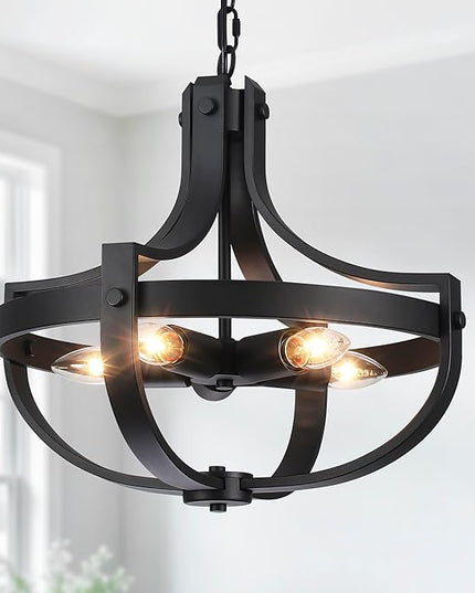 16.73" Black Farmhouse Light Fixtures, 5-Lights Vintage Cage Chandeliers Round Pendant Light for Dining Room Entryway Kitchen Island Living Room Hallway Foyer