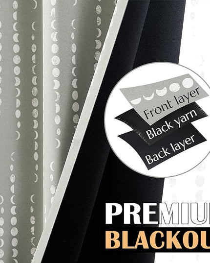 jinchan 95% Blackout Bohemian Moon Phase Print Bedroom 84 Inch Long Grey Curtain Grommet Top Thermal Insulation for Kids Room Grey Curtain Set 2 Panels