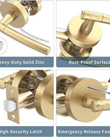 1 Pack Gold Privacy Door Handle - Keyless Entry, Heavy Duty Zinc Alloy Lever for Bedroom/Bathroom
