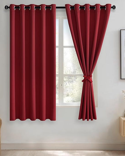 JIUZHEN Red Blackout Curtains with Tiebacks - Thermal Insulated, Light Blocking and Noise Reducing Grommet Curtains for Bedroom and Living Room, Set of 2 Window Curtain Panels, 60 x 63 Inch Length