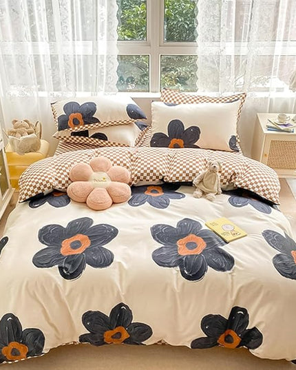CLOTHKNOW Black Sunflower Queen Comforter Set Floral Bedding Comforter Sets Brown Plaid Comforter Soft Botanical Queen Comforter