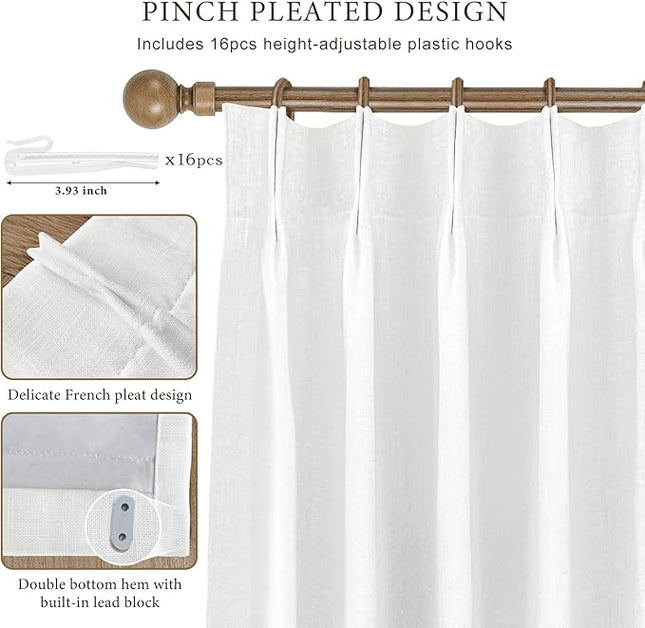 IVAPUPU Linen Pinch Pleated Blackout Curtains for Bedroom - Ivory Full Black Out Curtains 108 Inch 2 Panels Set for Living Room Darkening Thermal Window Curtain Drapes with 16pc Hooks
