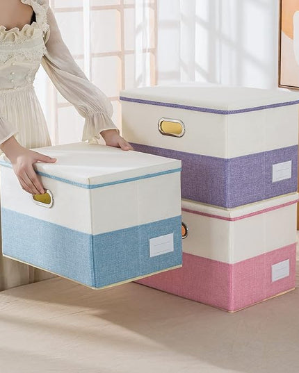 PRANDOM Large Foldable Storage Bins with Lids [3-Pack] linen Fabric Decorative Storage Boxes Organizer Containers Baskets Cube with Handles Divider for Bedroom Closet Purple&Cream(17.7x11.8x11.8)