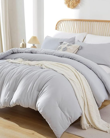 ROSGONIA Oversized King Comforter Light Gray, 3pcs (1 Grey Comforter & 2 Pillowcases), Soft Lightweight Oversized King Size Comforter Sets Bedding