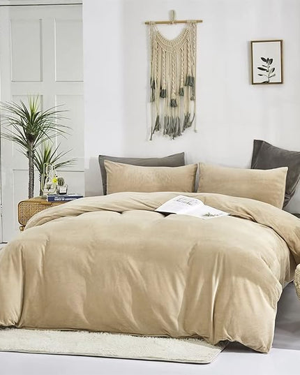 Houseri King Velvet Comforter Set Taupe Fluffy Light Khaki Bedding Sets Women Men Fuzzy Comforter King Size Tan Flannel Puffy Cream Beige Micromink Sherpa Bed Quilt King Warm Soft Comfy Winter Blanket