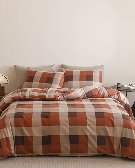 Luxlovery Checkered Red Comforter Set Full Plaid Comforter Teens Women Gingham Grid Bedding Set Fluffy Soft Cottagecore Khaki and Brick Red Blanket Quilts with 2 Pillowcases Full Bed