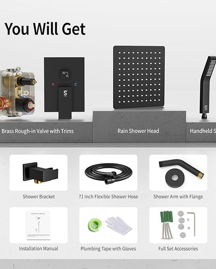 SR SUN RISE Shower Faucet - 8 Inch Shower System with Rain Shower Head and Handheld Spray - Shower Faucet Trim Repair Kits with Diverter Valve - All Metal Shower Set - Matte Black