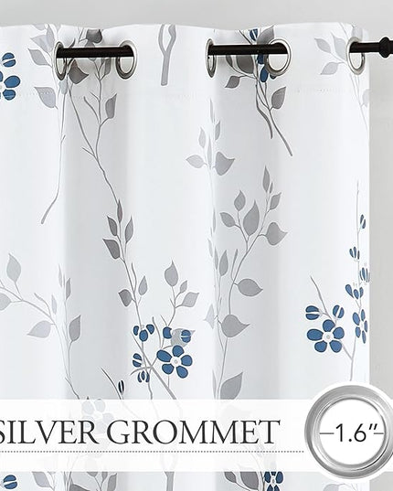 Beauoop Floral 100% Blackout Curtains 63 Inch Length 2 Panels for Bedroom Living Room Blue Grey and White Flower Patterned Room Darkening Thermal Soundproof Grommet Window Treatments Drapes, 52X63