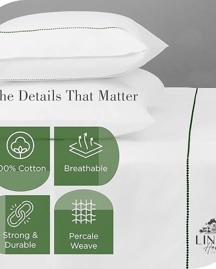 Linen Home 100% Cotton Percale Pearl Stitch Pillowcases King Size, Olive Green, 2 Pieces of Pillow Case, Crisp and Cool Strong Bed Linen, 20 inches X 40 inches