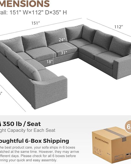 ABCASA Oversized 136" Modular Sectional Sofa, Deep Seat U Shaped Couches for Living Room, Breathable Linen Fabric Corner Couch, Easy to Assemble, Grey