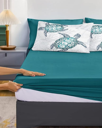 Bedbay Ocean Turtle Bedding Set, 8Pcs King Comforter, Teal Turquoise, Coastal, Microfiber, Bed in a Bag