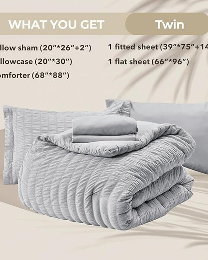 HYMOKEGE Light Grey Twin Comforter Set Seersucker 5 Pieces, All Season Luxury Bed in a Bag for Bedroom, Bedding Set with Comforters, Sheets, Pillowcase & Sham