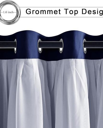 Hiasan Blackout Curtains with Sheer Overlay 84 Inches Long, Thermal Insulated Mix & Match Double Layer Window Curtains for Bedroom, Living Room, Nursery, 2 Panels with Tiebacks, Navy Blue, 60W X 84L