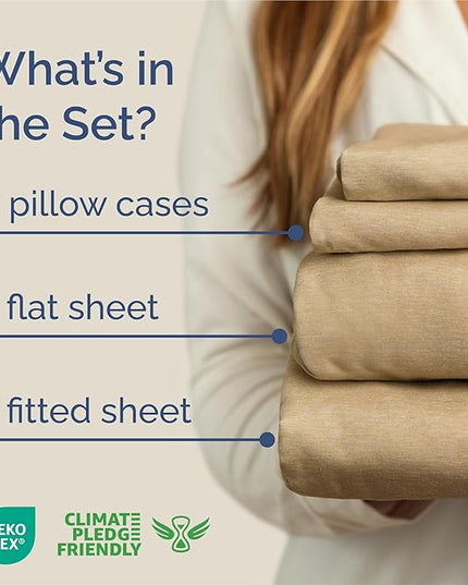 King Size 4 Piece Sheet Set - Comfy Breathable & Cooling Bed Sheets Set - Hotel Luxury Bedding for Women, Men, Kids, Teens, Boys & Girls - Deep Pockets, Soft & Wrinkle Free - Tan (Heathered Sheets)