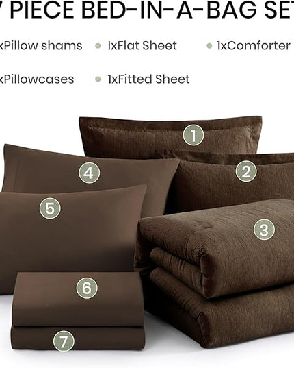 Monbix Full Size Comforter Set, Chocolate Brown Bedding Comforter for Full Size Bed Set Reversible, Bedding Sets Full 7 Pieces, Cationic Dyeing Bed in a Bag with Comforter, Sheets, Pillowcases & Shams