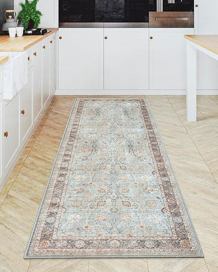 GLN Rugs Traditional Collection - Machine Washable Area Rug, Traditional Washable, Non Slip, Low Pile Chenille Rug, Living Room, Bedroom, Kitchen Rug (2'6"x7' Blue Floral)