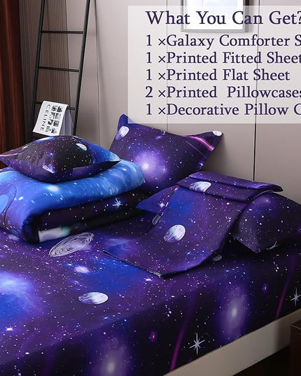 JQinHome Twin Galaxy Comforter Sets 6 Piece Bed in A Bag, Outer Space Themed Bedding for Children Boy Girl Teen Kids,1 Comforter, 1 Flat Sheet, 1 Fitted Sheet, 2 Pillowshams, 1 Cushion Cover(Purple)