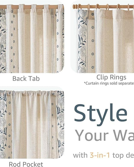 jinchan Winslow 4 Panel Curtains Set 84 Inch Length Embroidered Bordered Floral Curtains for Living Room Farmhouse Decor Light Filtering Window Treatments Blue on Beige Drapes 4 Panels