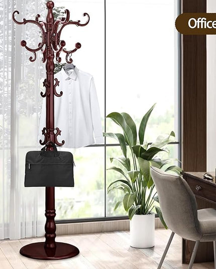 Coat Rack Freestanding, Wooden Coat Tree with Stable Round Base, Vintage Heavy Duty Coat Rack Stand with 14 Hooks, Coat Hanger Stand for Bedroom, Office, Entryway (Mahogany)