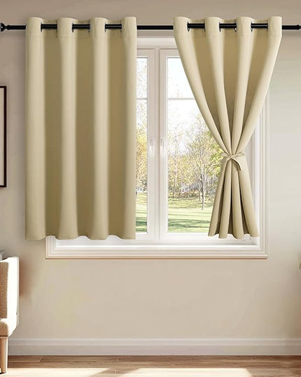 JIUZHEN Light Beige Blackout Curtains with Tiebacks - Thermal Insulated, Light Blocking and Noise Reducing Grommet Curtains for Bedroom and Living Room, Set of 2 Panels, 52 x 45 Inch Length
