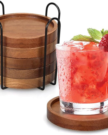 6 Pcs Best Wooden Coasters with Holder Coffee Table Decor Acacia Wood Coaster Set Modern Cup Coaster for Drink Home Dining Table Kitchen Accessories Cute Beer Bar Decorative Rustic Outdoor Coasters