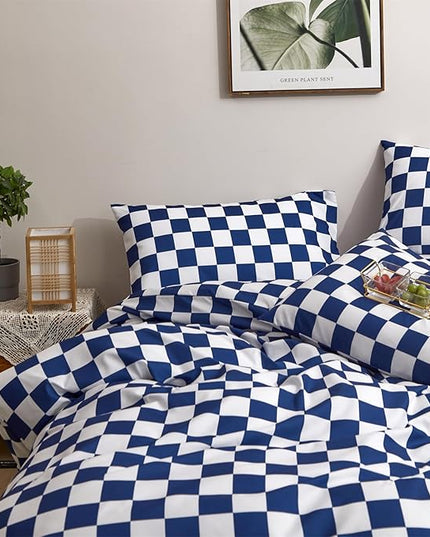 CLOTHKNOW Blue White Plaid Comforter Sets Twin/Twin XL Grid Bedding Comforter Sets Royal Blue White Bed Comforter Blue Bedding Sets Soft