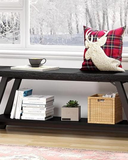 LVB Black Bench, Modern Storage Bench for Bedroom, Wood Metal Entryway Bench for Hallway Dining Living Room, Famrhouse Shoe Rack Indoor Accent Seating Benchs for Foyer Entrance, Black Oak 47 Inch Long