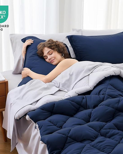 MUXHOMO 7 Pieces Queen Comforter Set, Reversible Bed in a Bag Queen Size, All Season Bedding Set with Comforter, Flat Sheet, Fitted Sheet, Pillowcases & Shams, Navy & Light Grey